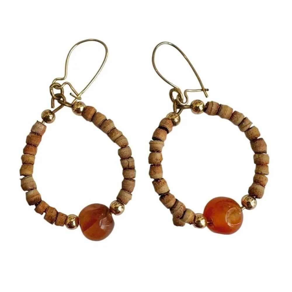 Carnelian and wood beaded drop earrings